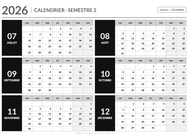 Calendrier du deuxième semestre 2026
