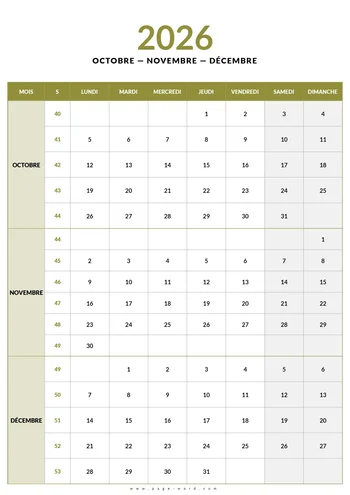 Calendrier du 4eme trimestre 2026