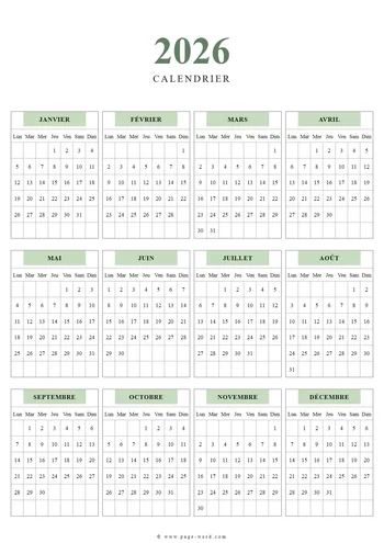 Calendrier annuel 2026 Word – moderne et épuré
