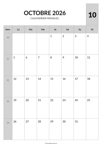 Calendrier du mois de Octobre 2026