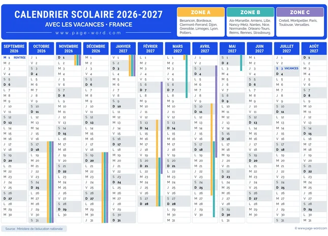Calendrier des vacances scolaires 2026-2027 en france