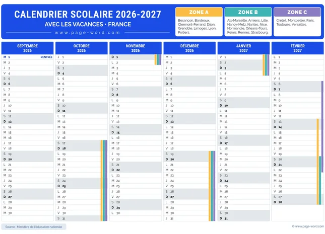 Calendrier des vacances scolaires 2026-2027 en France – 1ere semestre
