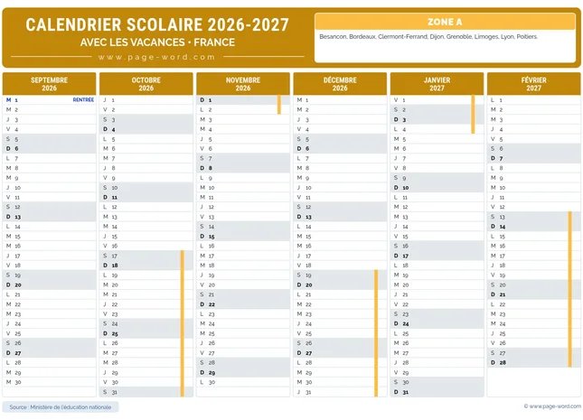 Calendrier des vacances scolaires 2026-2027 de la zone A – 1ere semestre