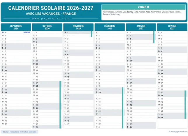 Calendrier des vacances scolaires 2026-2027 de la zone B – 1ere semestre