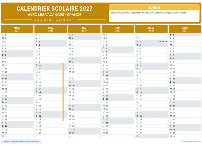 Calendrier des vacances scolaires 2026-2027 de la zone A – 2eme semestre