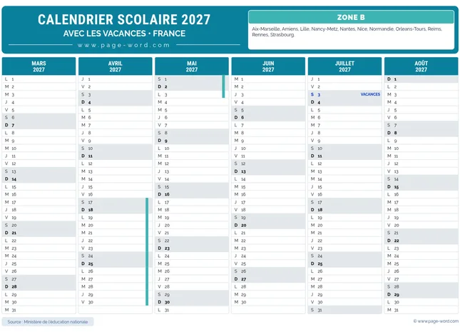Calendrier des vacances scolaires 2026-2027 de la zone B – 2eme semestre
