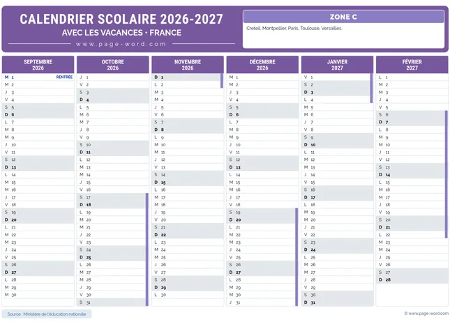 Calendrier des vacances scolaires 2026-2027 de la zone C – 1ere semestre