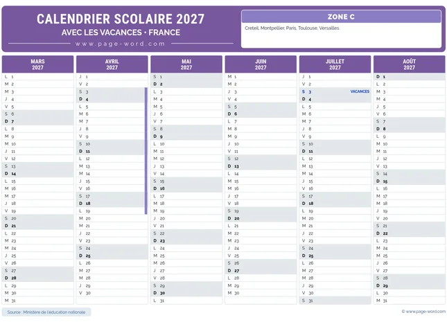 Calendrier des vacances scolaires 2026-2027 de la zone C – 2eme semestre